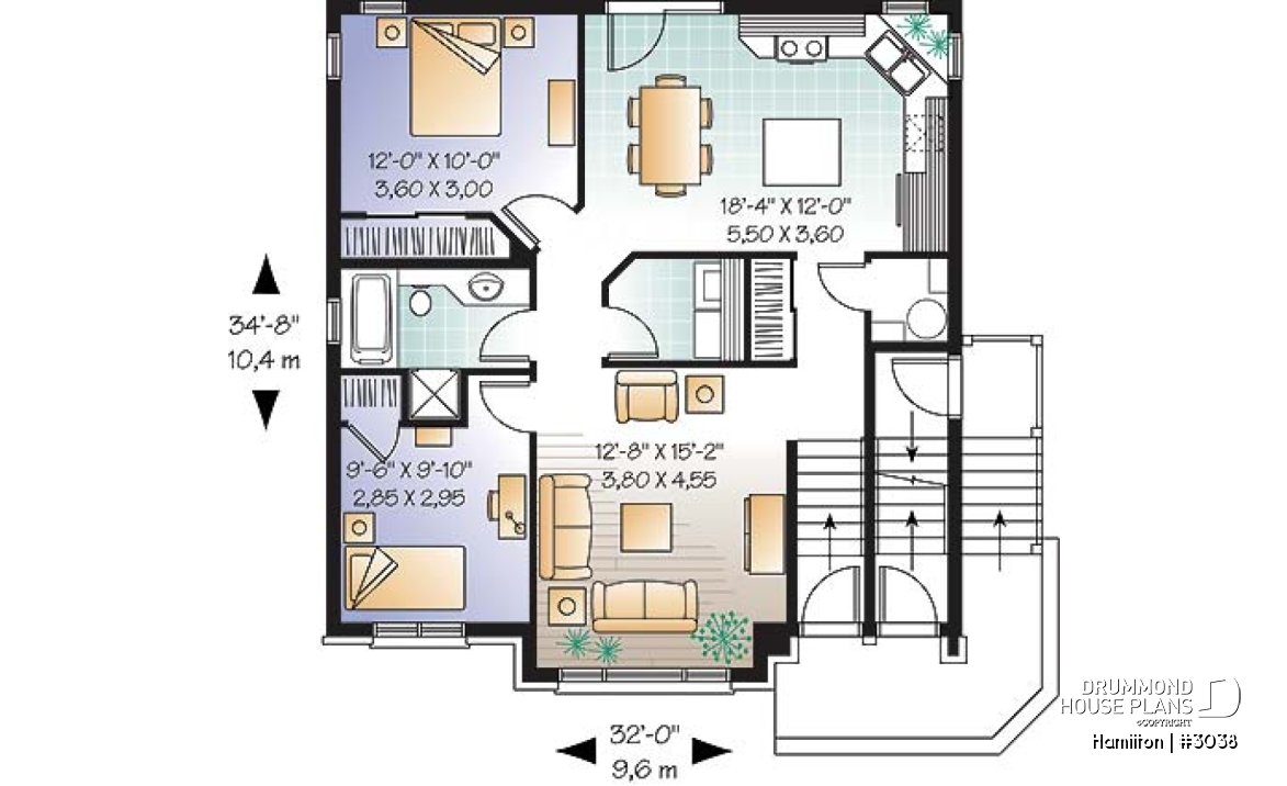 1st level - 3 unit apartment building plan (triplex home plan), 2 bedrooms, 1 bathroom, laundry room, kitchen w/island - Hamilton