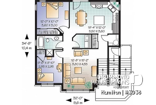 1st level - 3 unit apartment building plan (triplex home plan), 2 bedrooms, 1 bathroom, laundry room, kitchen w/island - Hamilton