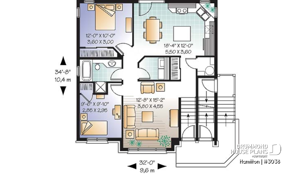 1st level - 3 unit apartment building plan (triplex home plan), 2 bedrooms, 1 bathroom, laundry room, kitchen w/island - Hamilton