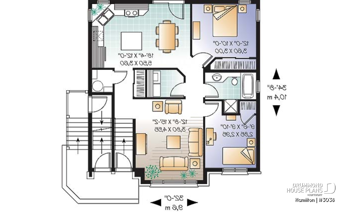 1st level - 3 unit apartment building plan (triplex home plan), 2 bedrooms, 1 bathroom, laundry room, kitchen w/island - Hamilton