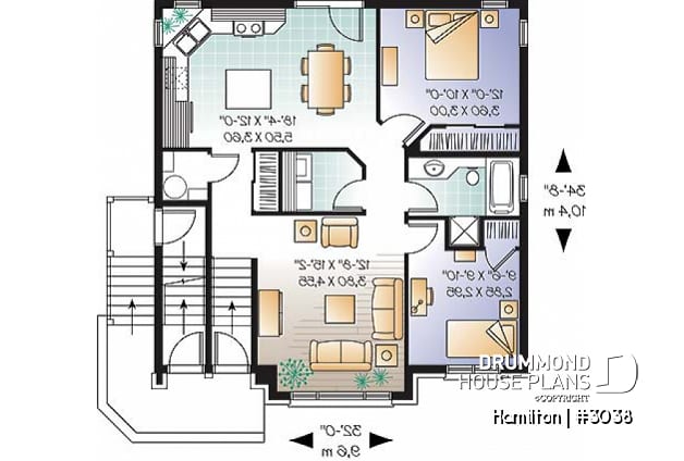 1st level - 3 unit apartment building plan (triplex home plan), 2 bedrooms, 1 bathroom, laundry room, kitchen w/island - Hamilton