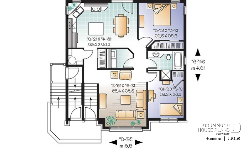1st level - 3 unit apartment building plan (triplex home plan), 2 bedrooms, 1 bathroom, laundry room, kitchen w/island - Hamilton