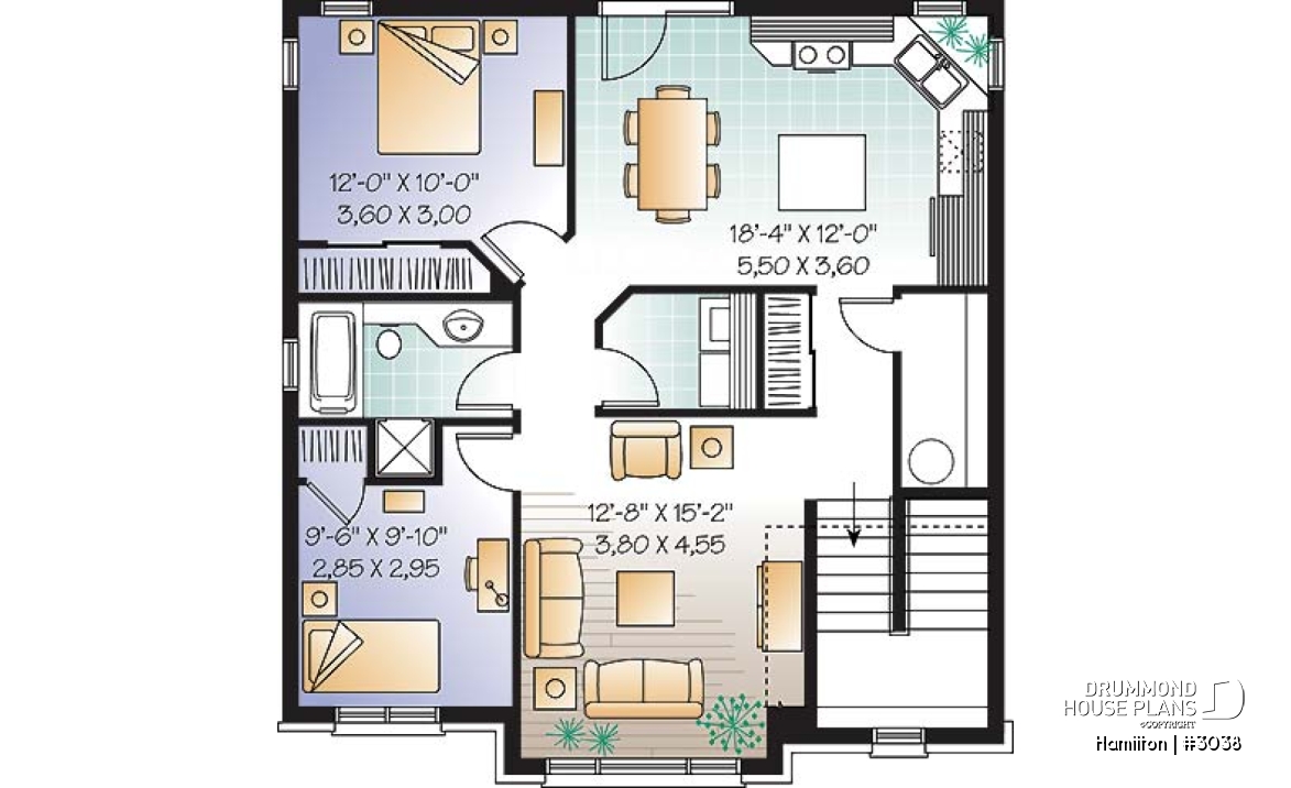 2nd level - 3 unit apartment building plan (triplex home plan), 2 bedrooms, 1 bathroom, laundry room, kitchen w/island - Hamilton