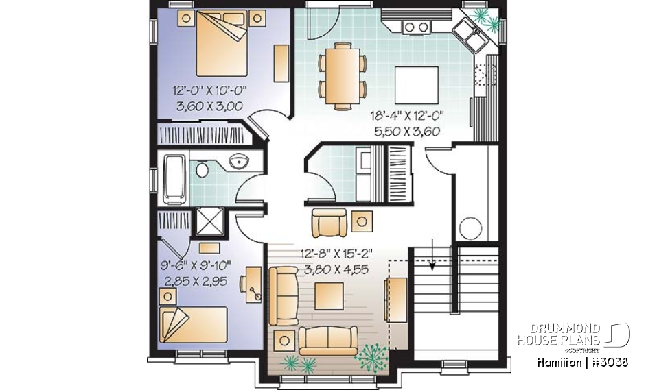 2nd level - 3 unit apartment building plan (triplex home plan), 2 bedrooms, 1 bathroom, laundry room, kitchen w/island - Hamilton