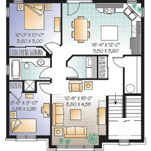 2nd level - 3 unit apartment building plan (triplex home plan), 2 bedrooms, 1 bathroom, laundry room, kitchen w/island - Hamilton