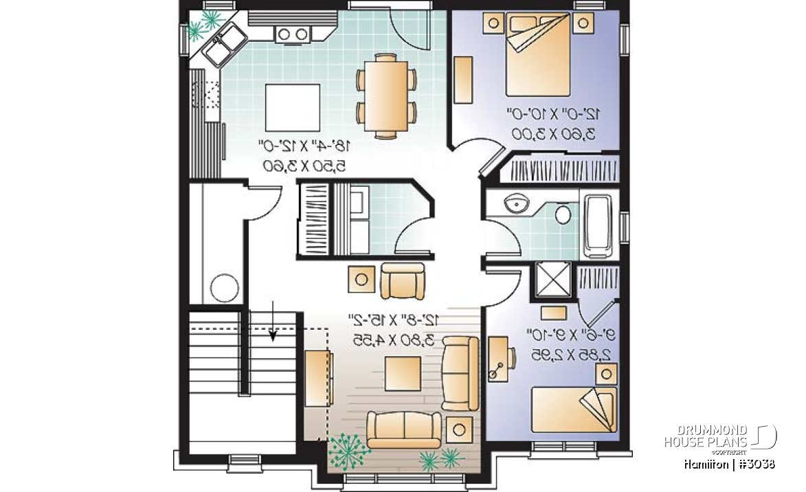 2nd level - 3 unit apartment building plan (triplex home plan), 2 bedrooms, 1 bathroom, laundry room, kitchen w/island - Hamilton