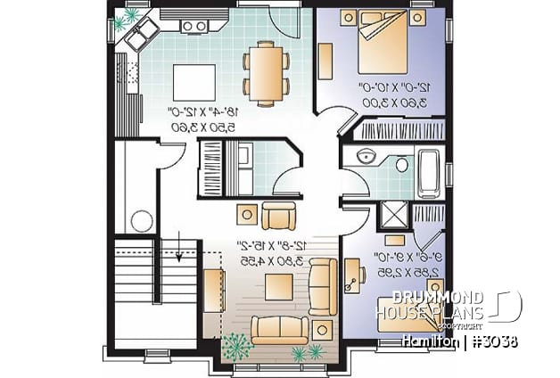 2nd level - 3 unit apartment building plan (triplex home plan), 2 bedrooms, 1 bathroom, laundry room, kitchen w/island - Hamilton
