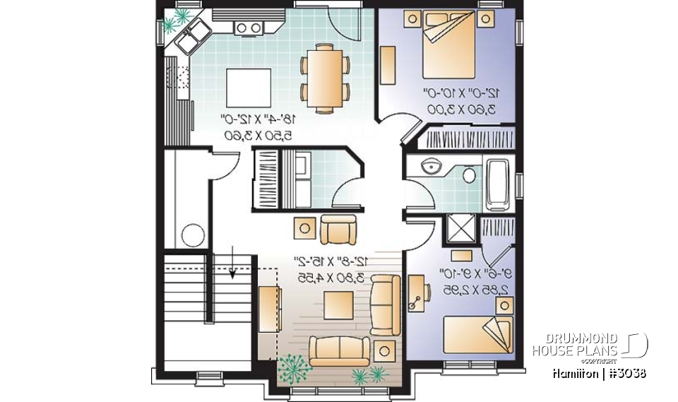 2nd level - 3 unit apartment building plan (triplex home plan), 2 bedrooms, 1 bathroom, laundry room, kitchen w/island - Hamilton