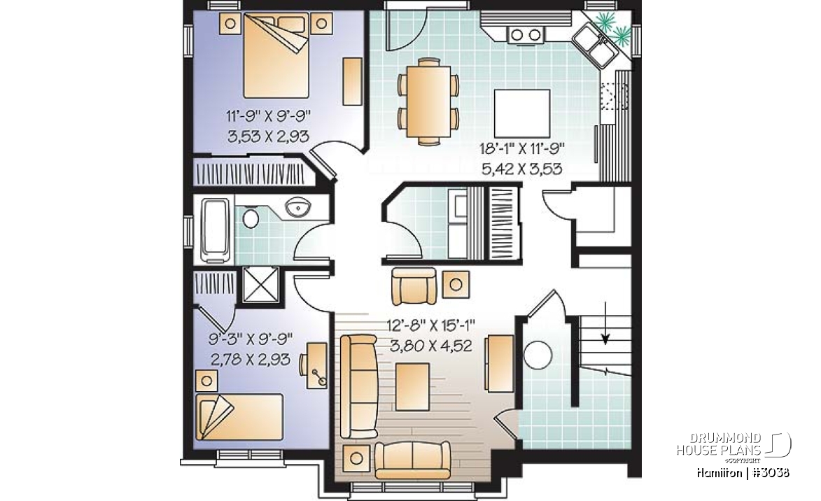 Basement - 3 unit apartment building plan (triplex home plan), 2 bedrooms, 1 bathroom, laundry room, kitchen w/island - Hamilton