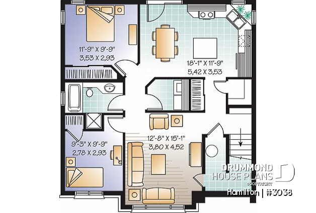 Basement - 3 unit apartment building plan (triplex home plan), 2 bedrooms, 1 bathroom, laundry room, kitchen w/island - Hamilton