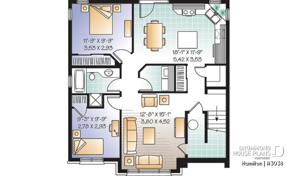 Basement - 3 unit apartment building plan (triplex home plan), 2 bedrooms, 1 bathroom, laundry room, kitchen w/island - Hamilton