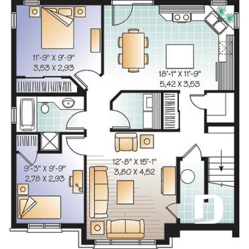 Basement - 3 unit apartment building plan (triplex home plan), 2 bedrooms, 1 bathroom, laundry room, kitchen w/island - Hamilton