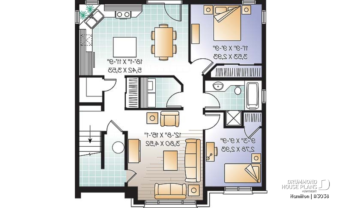 Basement - 3 unit apartment building plan (triplex home plan), 2 bedrooms, 1 bathroom, laundry room, kitchen w/island - Hamilton