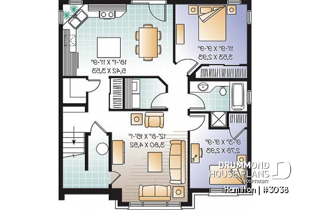 Basement - 3 unit apartment building plan (triplex home plan), 2 bedrooms, 1 bathroom, laundry room, kitchen w/island - Hamilton