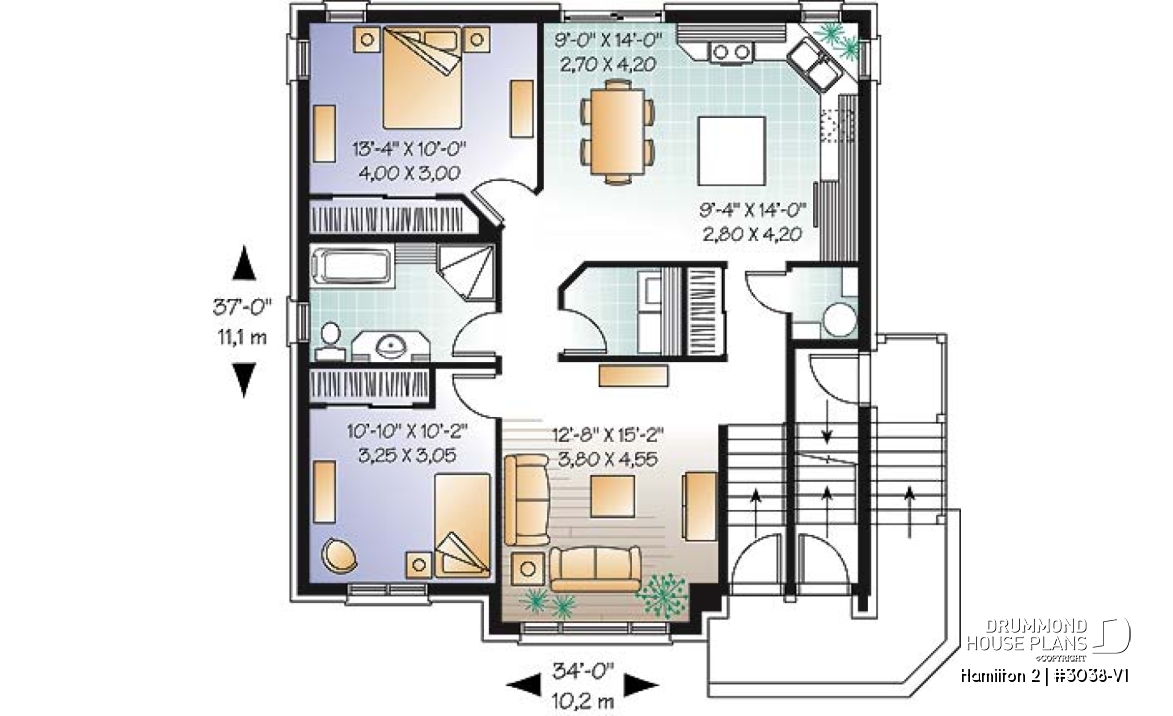 1st level - Large 3 unit apartment building plan, 2 bedrooms, laundry room, sheltered terrace, kitchen island - Hamilton 2