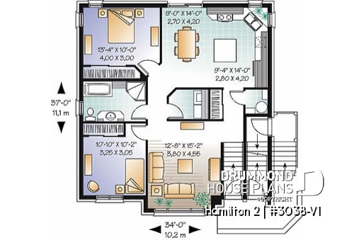 1st level - Large 3 unit apartment building plan, 2 bedrooms, laundry room, sheltered terrace, kitchen island - Hamilton 2