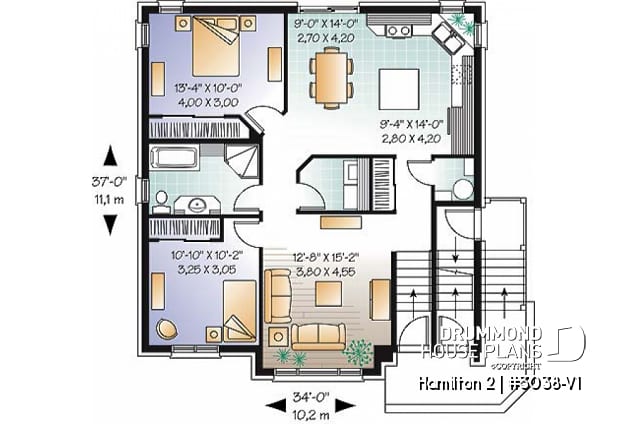 1st level - Large 3 unit apartment building plan, 2 bedrooms, laundry room, sheltered terrace, kitchen island - Hamilton 2