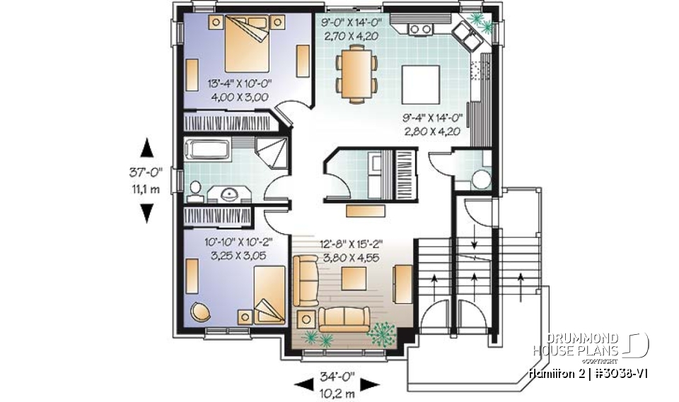1st level - Large 3 unit apartment building plan, 2 bedrooms, laundry room, sheltered terrace, kitchen island - Hamilton 2