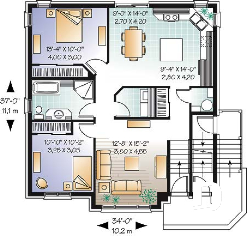 1st level - Large 3 unit apartment building plan, 2 bedrooms, laundry room, sheltered terrace, kitchen island - Hamilton 2