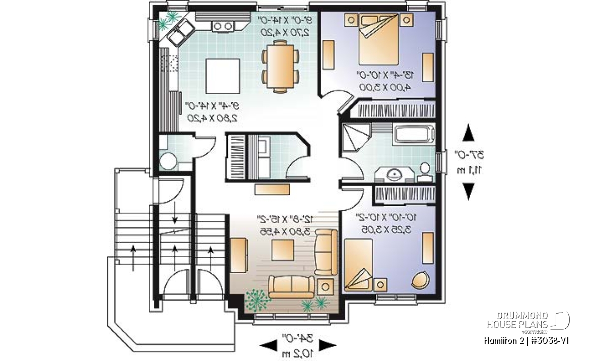 1st level - Large 3 unit apartment building plan, 2 bedrooms, laundry room, sheltered terrace, kitchen island - Hamilton 2