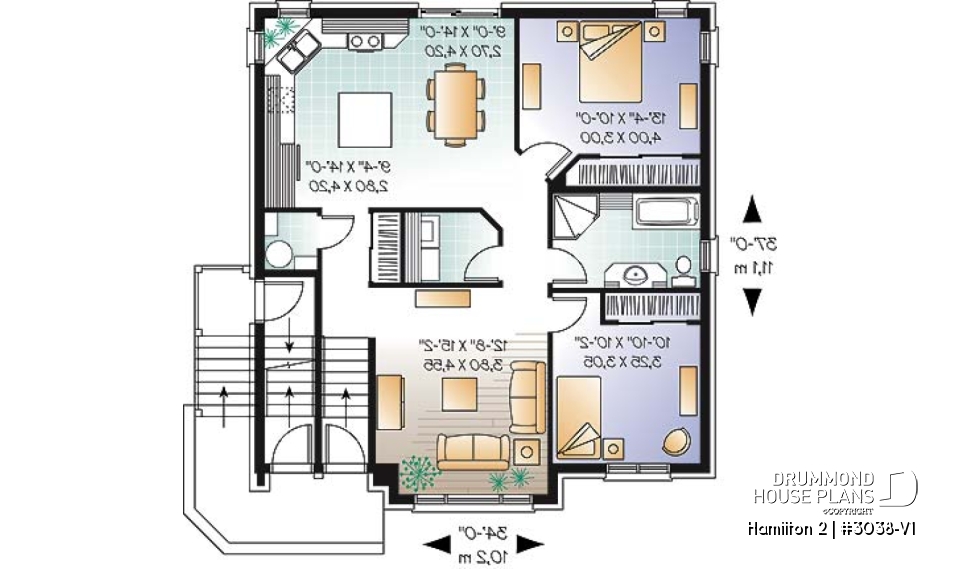 1st level - Large 3 unit apartment building plan, 2 bedrooms, laundry room, sheltered terrace, kitchen island - Hamilton 2
