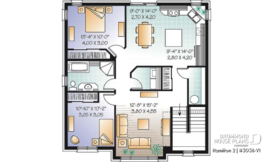 2nd level - Large 3 unit apartment building plan, 2 bedrooms, laundry room, sheltered terrace, kitchen island - Hamilton 2