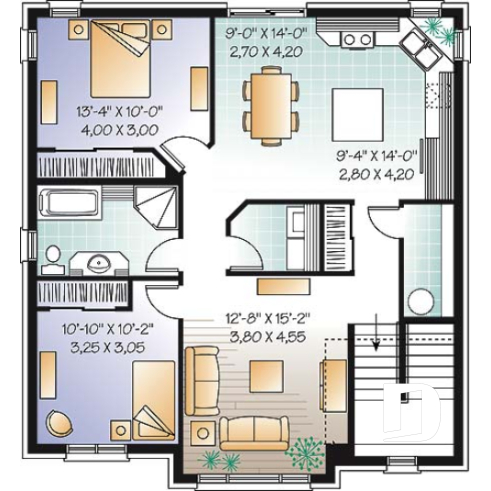 2nd level - Large 3 unit apartment building plan, 2 bedrooms, laundry room, sheltered terrace, kitchen island - Hamilton 2