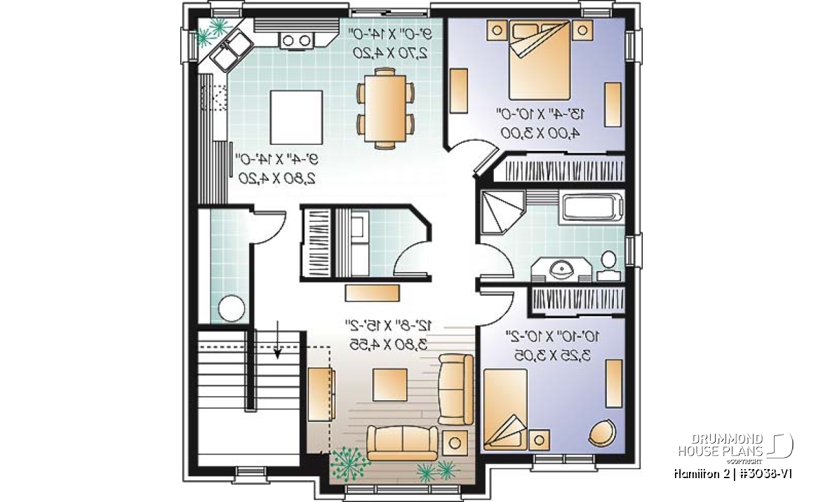 2nd level - Large 3 unit apartment building plan, 2 bedrooms, laundry room, sheltered terrace, kitchen island - Hamilton 2