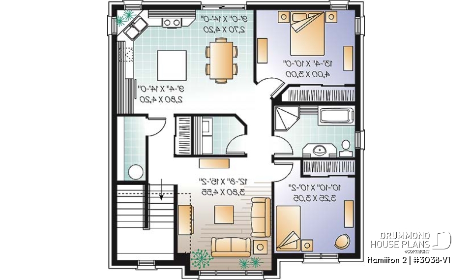2nd level - Large 3 unit apartment building plan, 2 bedrooms, laundry room, sheltered terrace, kitchen island - Hamilton 2