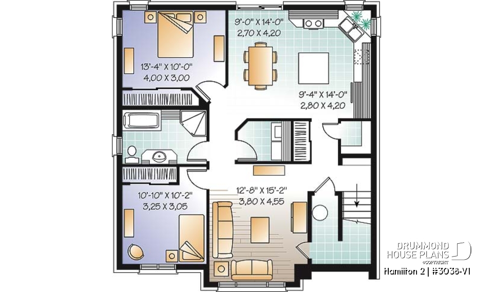 Basement - Large 3 unit apartment building plan, 2 bedrooms, laundry room, sheltered terrace, kitchen island - Hamilton 2
