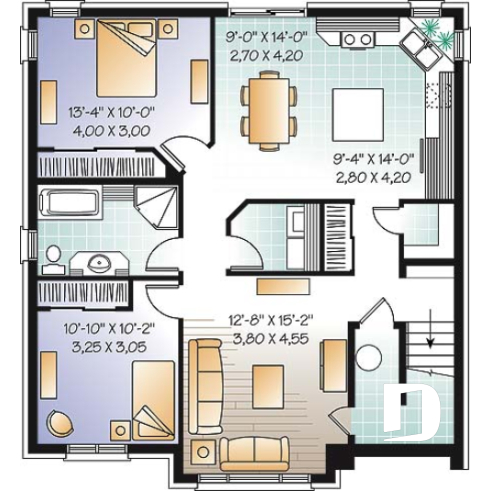 Basement - Large 3 unit apartment building plan, 2 bedrooms, laundry room, sheltered terrace, kitchen island - Hamilton 2
