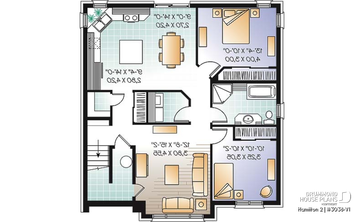 Basement - Large 3 unit apartment building plan, 2 bedrooms, laundry room, sheltered terrace, kitchen island - Hamilton 2
