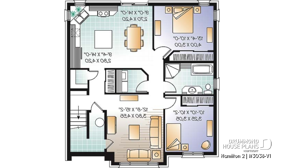 Basement - Large 3 unit apartment building plan, 2 bedrooms, laundry room, sheltered terrace, kitchen island - Hamilton 2