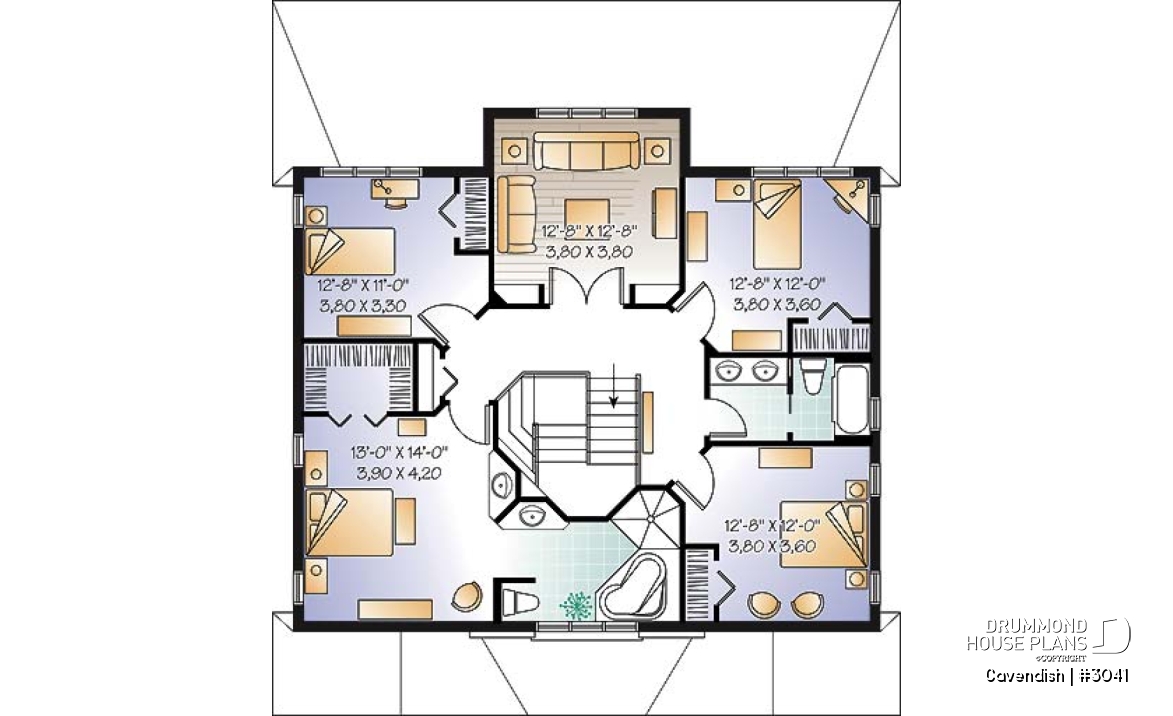 2nd level - 2-Storey intergenerational home plan, 4 to 5 bedrooms &amp; 2 family rooms in main unit, shared laundry room - Cavendish