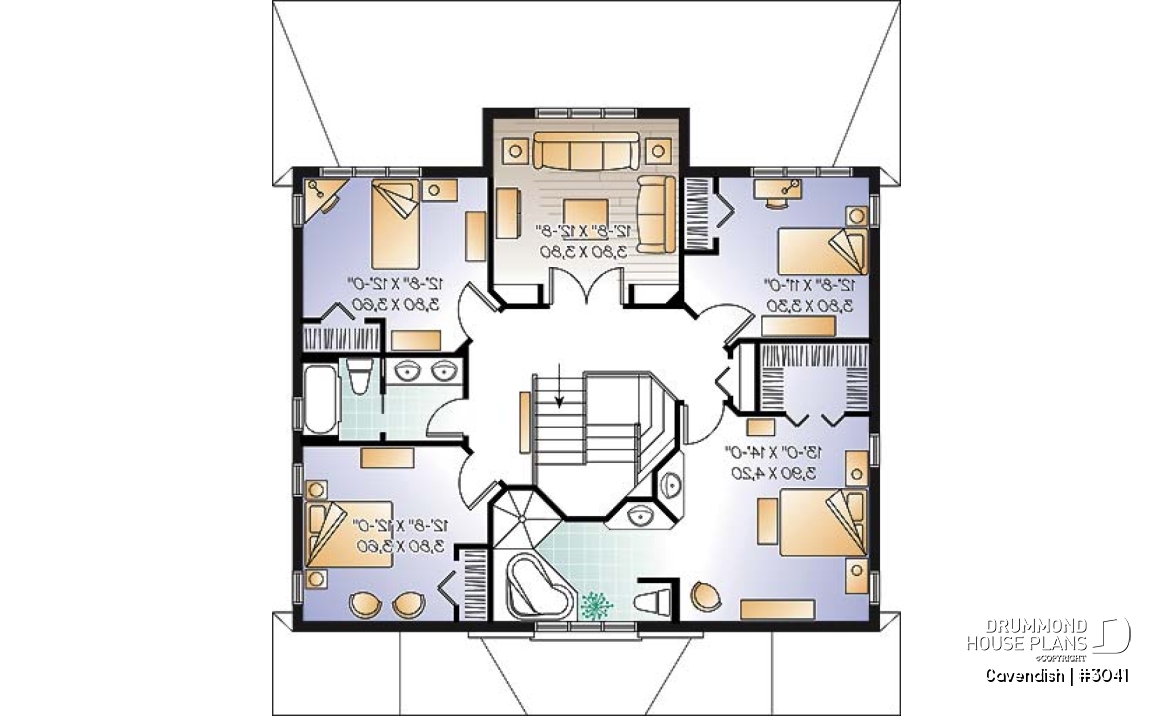 2nd level - 2-Storey intergenerational home plan, 4 to 5 bedrooms &amp; 2 family rooms in main unit, shared laundry room - Cavendish