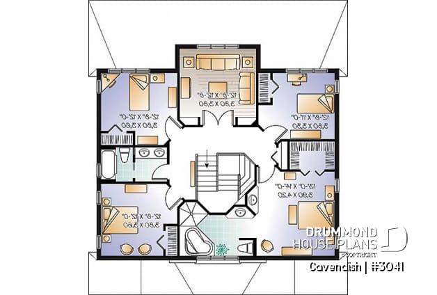 2nd level - 2-Storey intergenerational home plan, 4 to 5 bedrooms & 2 family rooms in main unit, shared laundry room - Cavendish