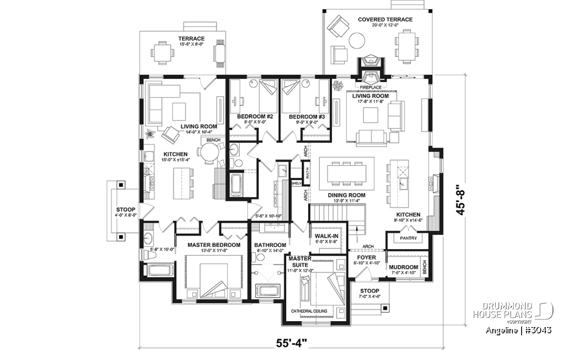 1st level - Spacious one-storey multi-generational home plan with 1 + 3 bedrooms, fireplace and laundry on main unit - Angeline