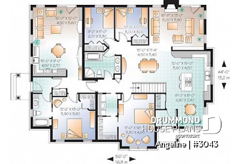 1st level - Spacious one-storey multi-generational home plan with 3 bedrooms, fireplace and laundry on main unit - Angeline