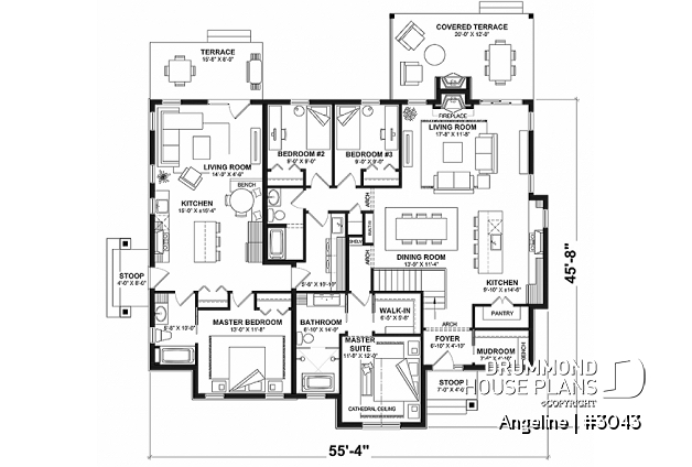 1st level - Spacious one-storey multi-generational home plan with 3 bedrooms, fireplace and laundry on main unit - Angeline