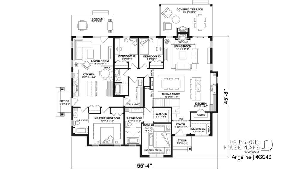 1st level - Spacious one-storey multi-generational home plan with 1 + 3 bedrooms, fireplace and laundry on main unit - Angeline