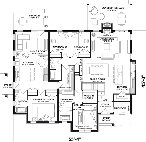 1st level - Spacious one-storey multi-generational home plan with 1 + 3 bedrooms, fireplace and laundry on main unit - Angeline