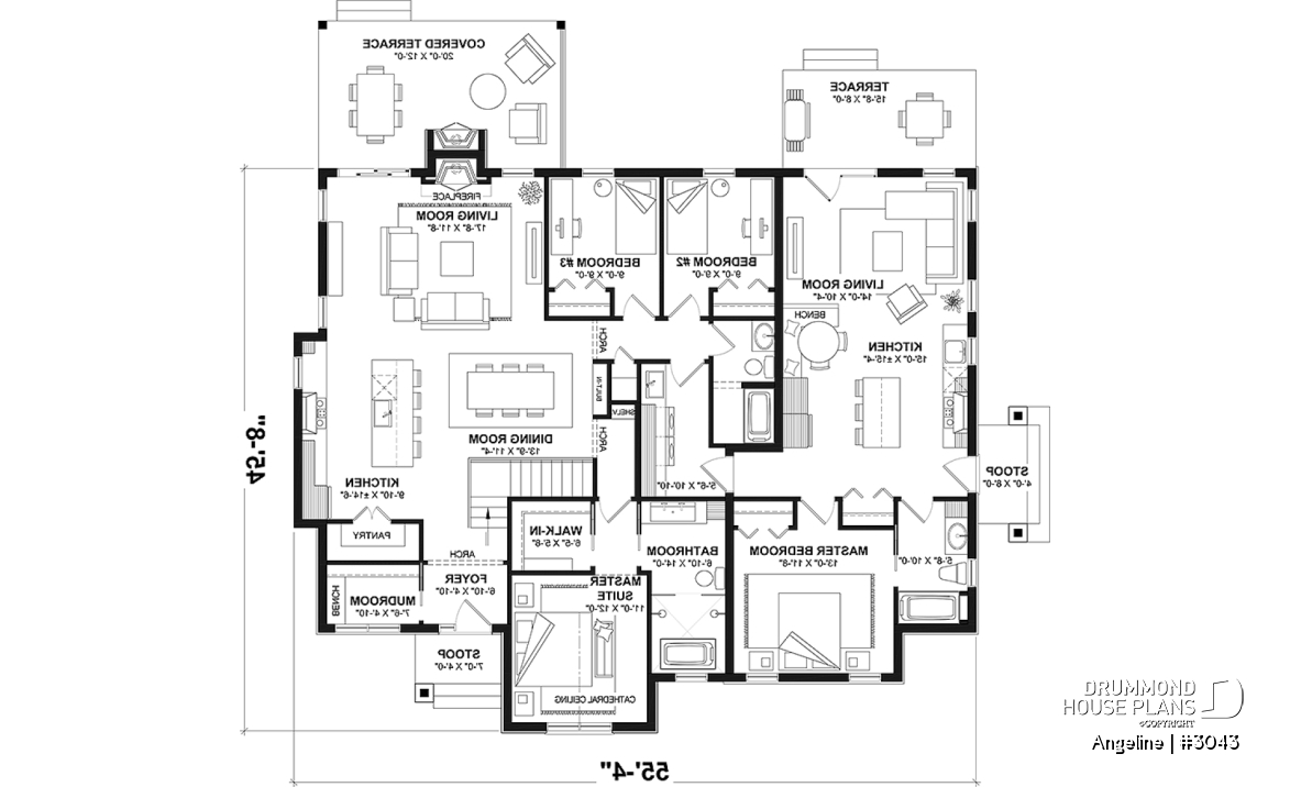 1st level - Spacious one-storey multi-generational home plan with 1 + 3 bedrooms, fireplace and laundry on main unit - Angeline