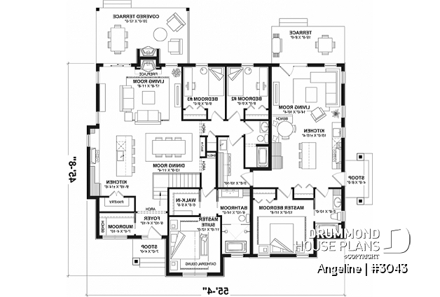 1st level - Spacious one-storey multi-generational home plan with 1 + 3 bedrooms, fireplace and laundry on main unit - Angeline
