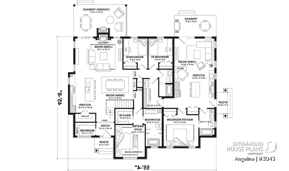 1st level - Spacious one-storey multi-generational home plan with 1 + 3 bedrooms, fireplace and laundry on main unit - Angeline