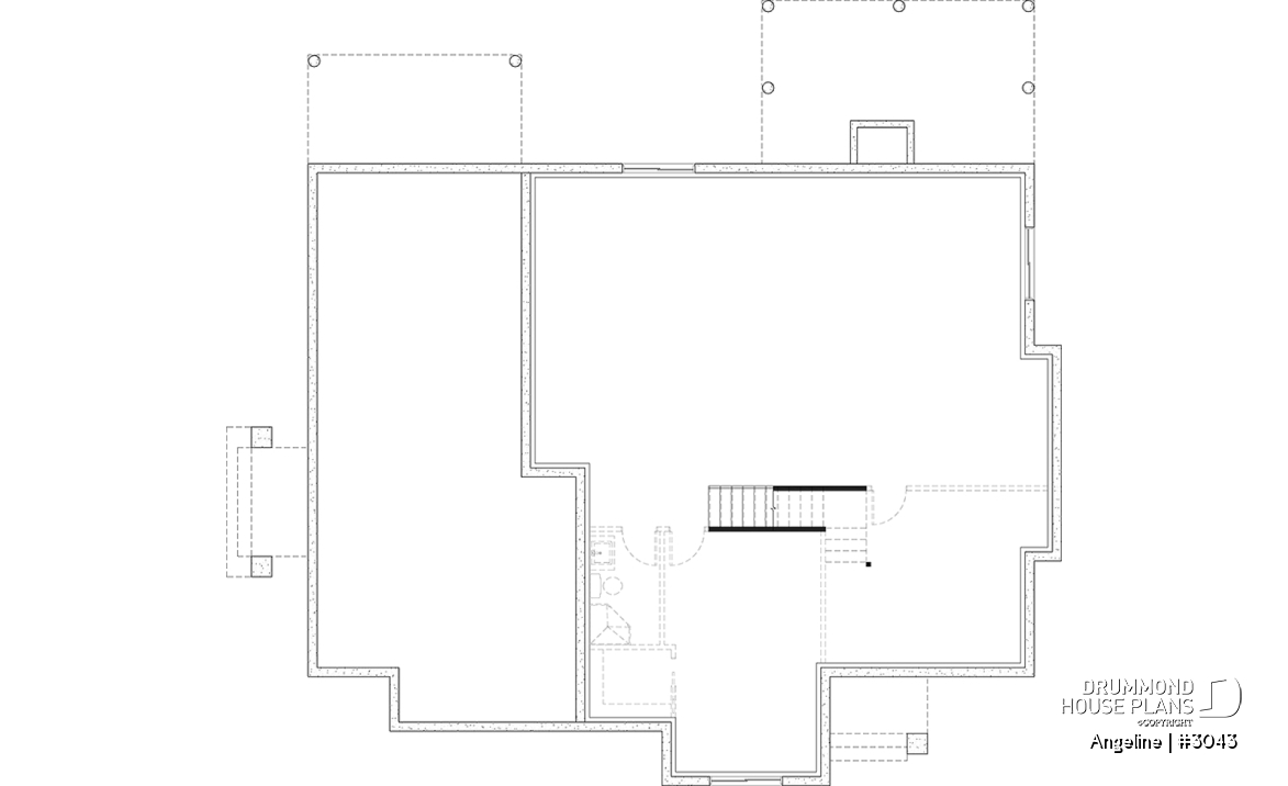 Basement - Spacious one-storey multi-generational home plan with 1 + 3 bedrooms, fireplace and laundry on main unit - Angeline