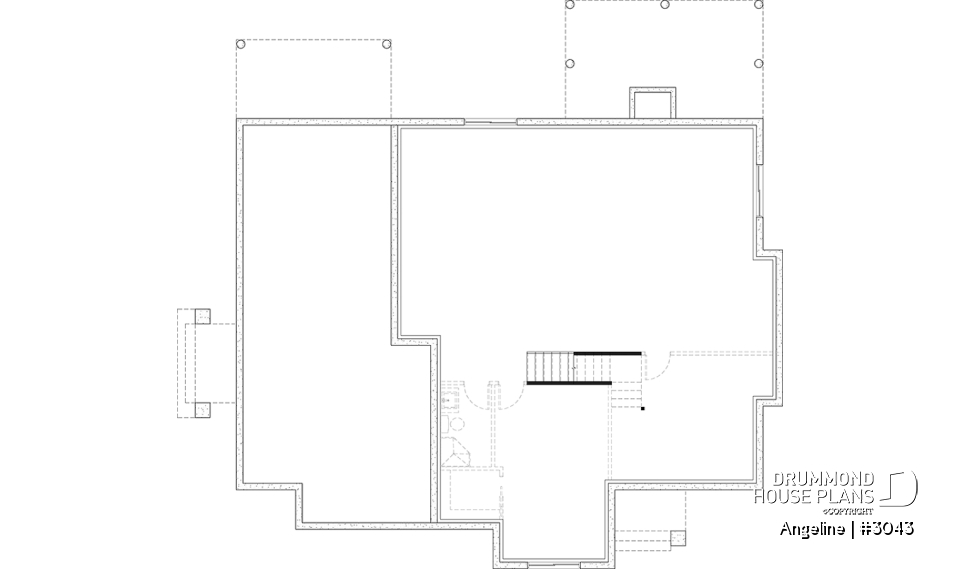 Basement - Spacious one-storey multi-generational home plan with 1 + 3 bedrooms, fireplace and laundry on main unit - Angeline