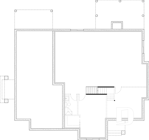 Basement - Spacious one-storey multi-generational home plan with 1 + 3 bedrooms, fireplace and laundry on main unit - Angeline