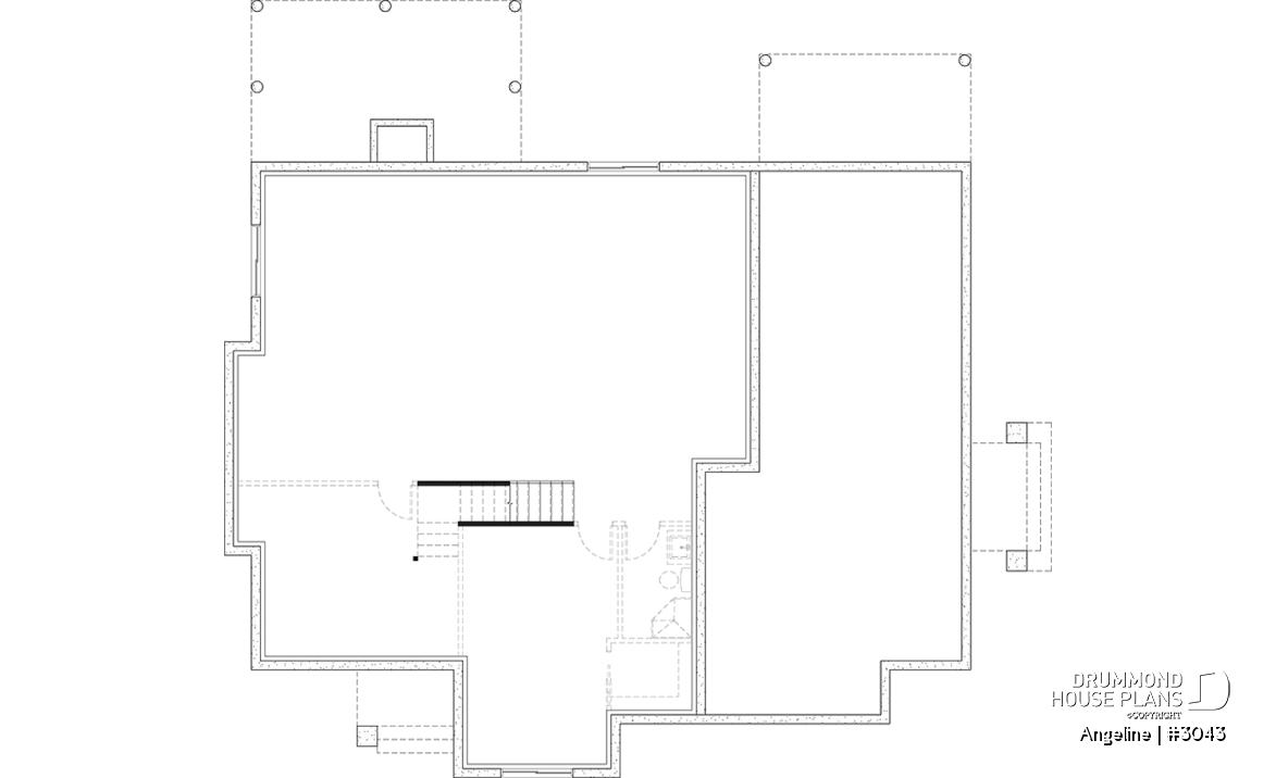 Basement - Spacious one-storey multi-generational home plan with 1 + 3 bedrooms, fireplace and laundry on main unit - Angeline