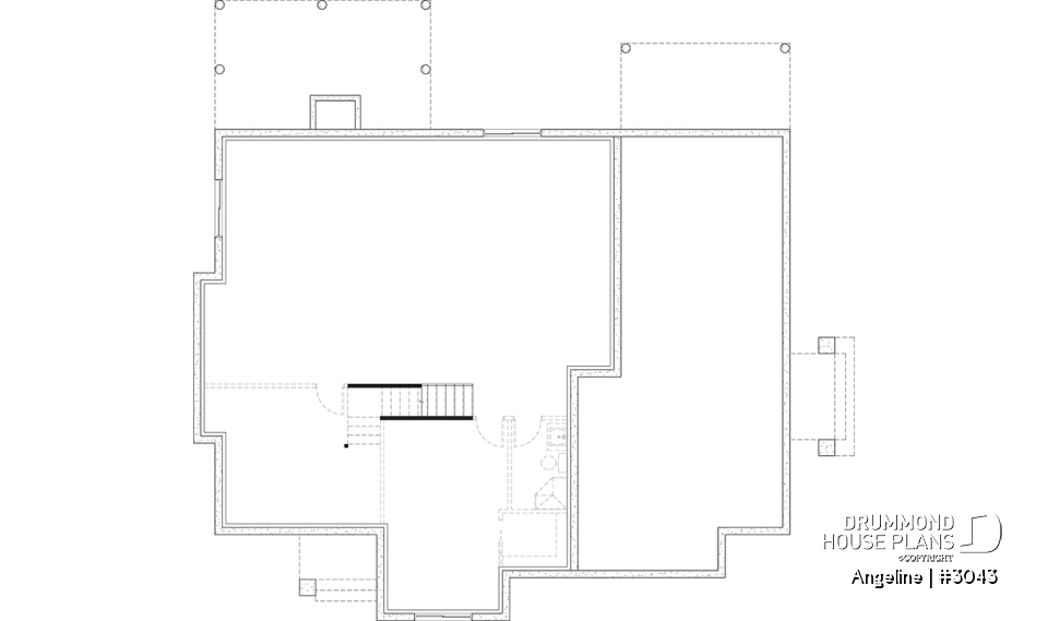 Basement - Spacious one-storey multi-generational home plan with 1 + 3 bedrooms, fireplace and laundry on main unit - Angeline