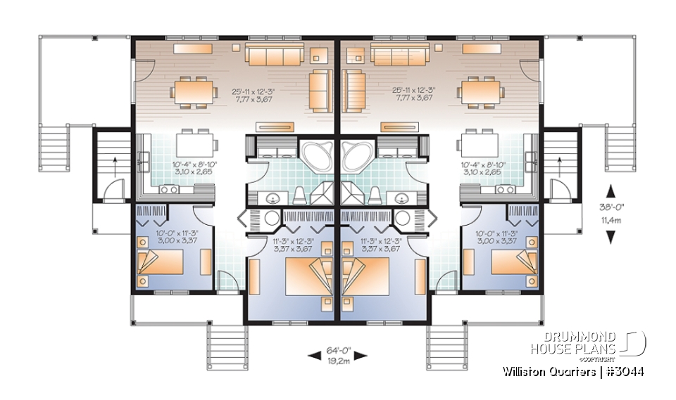 1st level - 4 unit apartment building plan, 2 bedrooms, laundry on each unit, great open floor plan concept - Williston Quarters